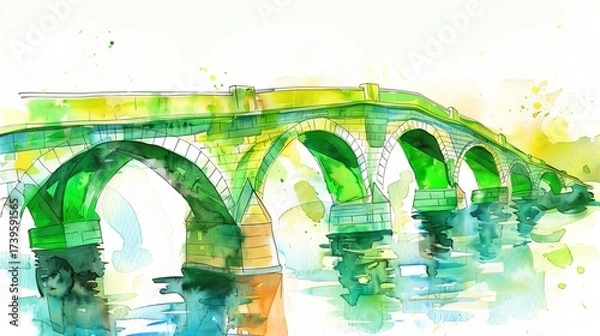 Fototapeta Vivid watercolor illustration of a bridge reflecting in serene waters, symbolizing connection and tranquility.