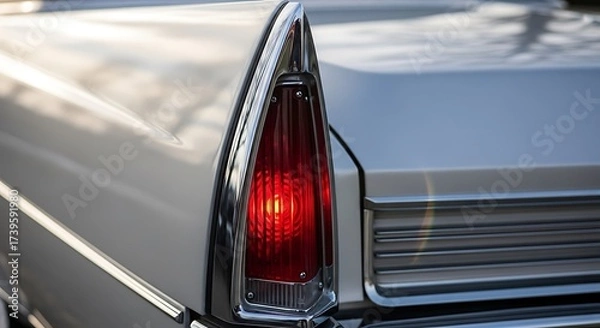 Fototapeta Vintage car taillight detail with illuminated red lens and chrome trim.