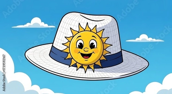 Fototapeta Cartoon Sun Character on a Hat Against a Blue Sky.