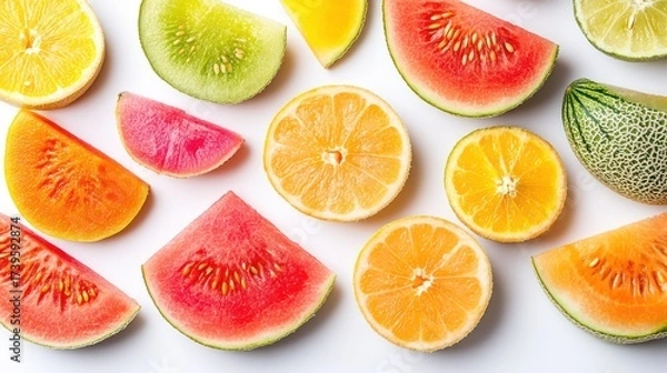 Fototapeta Colorful fruit slices arranged on white background.  Visual appeal for a healthy snack or diet