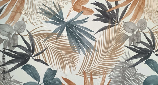 Fototapeta Texture of wallpaper or fabric with an ornament of palm leaves on a white background. Print with palm leaves ornament. Exotic background ornament. Interior design wallpaper. Fashion design.