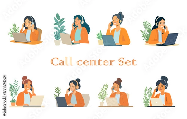 Fototapeta Set of call center operators with headphones and laptops
