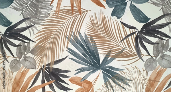 Fototapeta Texture of wallpaper or fabric with an ornament of palm leaves on a white background. Print with palm leaves ornament. Exotic background ornament. Interior design wallpaper. Fashion design.