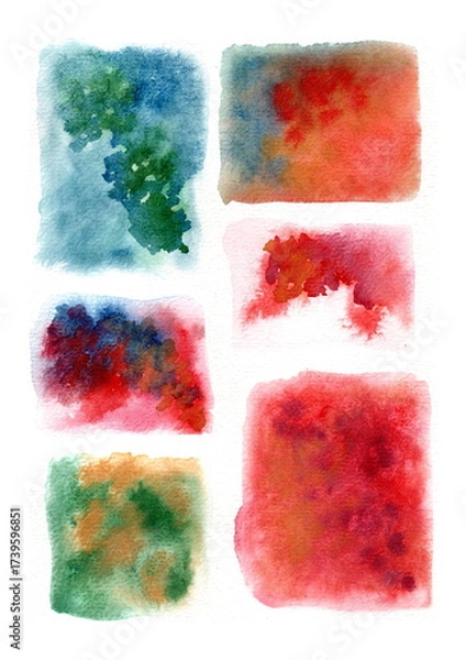Fototapeta The illustration is done in watercolor and consists of six multicolored rectangular spots. Each spot has a unique texture and combination of shades: from cool blues and greens to warm reds, oranges.