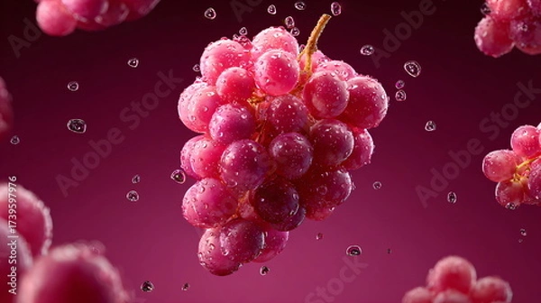 Fototapeta Levitating Pink Grapes with Floating Juicy Fruits on Minimal Background