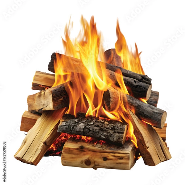 Fototapeta Firewood Burning: A stack of firewood with flames burning strongly, PNG cut out.