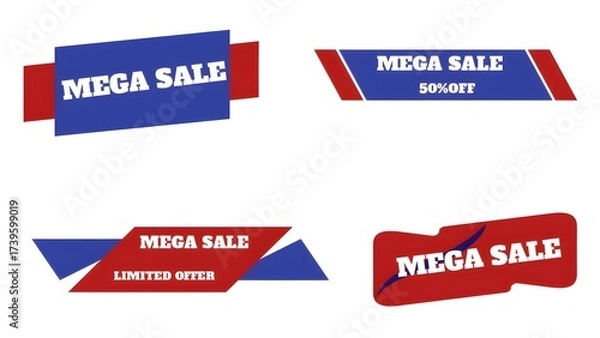Fototapeta Four mega sale banner designs in red and blue with different promotional offers on a white background