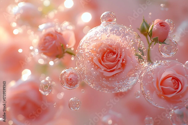 Fototapeta Delicate roses encased in sparkling bubbles create a dreamy and romantic pink atmosphere.