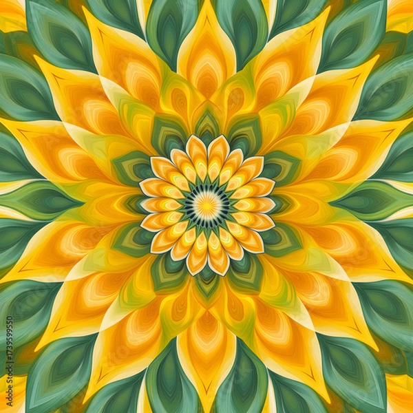 Fototapeta A radiant symphony of golden petals unfolds in an intricate kaleidoscope of fractal patterns, weaving nature’s artistry into mesmerizing optical illusions.