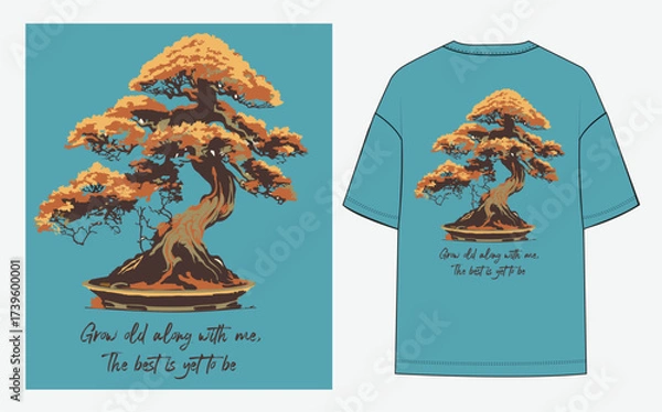Fototapeta Stylized bonsai tree T-shirt design with autumn leaves and motivational text. Perfect for inspirational apparel, mindfulness graphics, zen lifestyle fashion, and nature-inspired prints.