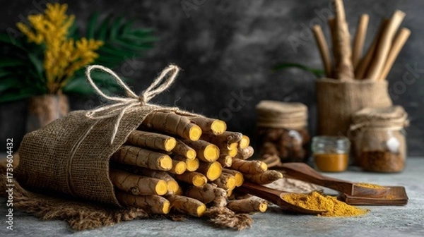 Fototapeta close-up side view of cleaned turmeric rhizomes or roots, curcuma longa, commonly used spice in cooking and medicine, root-like structure, on a table top with black blurry wall background, soft focus