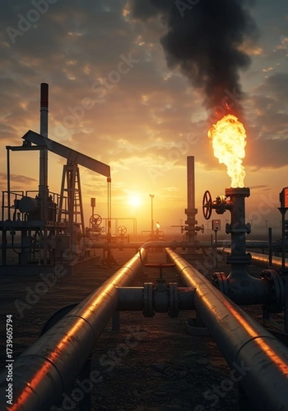 Obraz Oil Refinery Infrastructure with Flare Stack Emitting Fire During Sunset