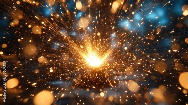 Fototapeta Sparkling gold explosion in dark background.  Possible use  Abstract background