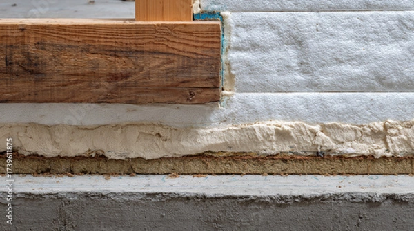 Fototapeta Wooden beam layered wall insulation with foam sealant and masonry base, textured construction detail showing material contrast and tactile warmth