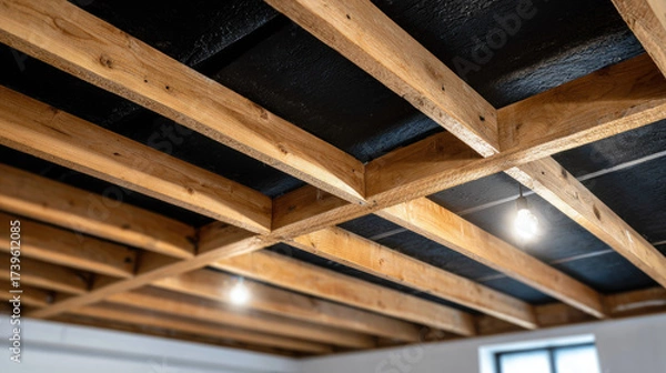 Fototapeta Exposed wooden ceiling beam attic insulation open ceiling structure hanging light bulb basement renovation construction detail
