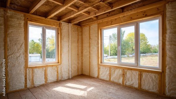 Fototapeta Insulated room under construction with spray foam insulation, wooden framing, sunlight through large windows creating warm atmosphere