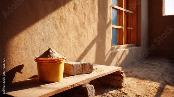 Fototapeta Sunlit construction interior with sand bucket and concrete block, warm textured wall and window casting shadows, rustic atmosphere