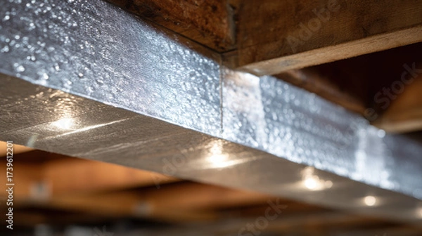 Fototapeta Insulated ductwork under wooden ceiling with reflective foil surface and soft lighting creating warm construction detail