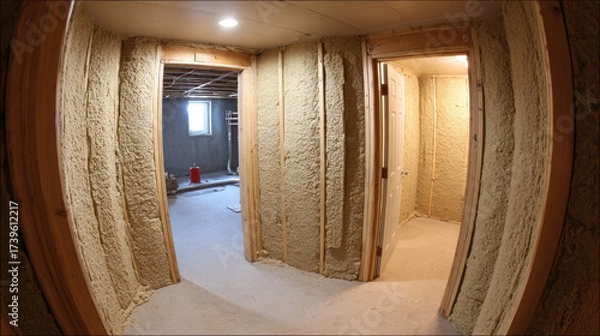 Fototapeta Unfinished basement hallway with spray foam insulated walls and recessed light creating cozy atmosphere