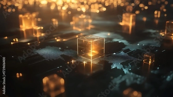 Fototapeta Blockchain transaction network with glowing translucent cubes connected by laser-thin beams, floating above a digital world map with depth-of-field blur 