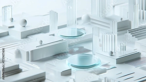 Fototapeta Clean corporate background featuring minimalistic white space, geometric floating data shapes, and subtle tech textures glowing in cyan and silver 