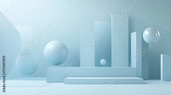 Fototapeta Clean corporate background featuring minimalistic white space, geometric floating data shapes, and subtle tech textures glowing in cyan and silver 