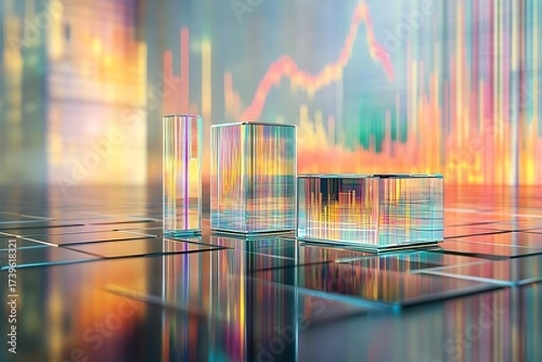 Fototapeta Corporate growth chart constructed from transparent glass blocks, standing on a mirrored surface with colorful data lines rising behind in perspective view 