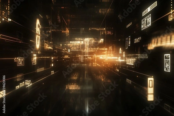 Fototapeta Elegant tech-style office background with floating metallic currency symbols, laser lines intersecting softly lit surfaces in the distance 
