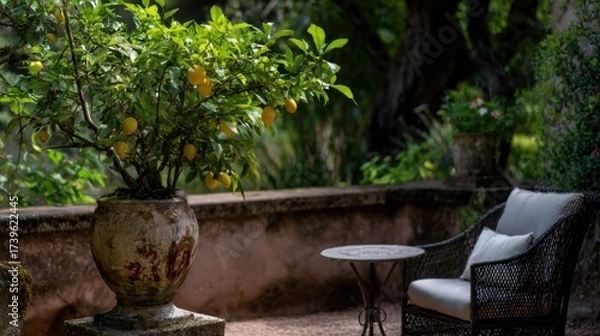 Fototapeta A lemon tree in an ornamental pot on the terrace of a villa, surrounded by garden furniture, greenery, and plants. The photo highlights the beauty of nature, creating a serene atmosphere. 