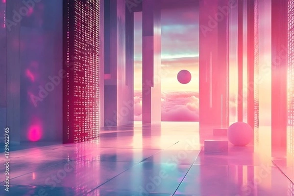 Fototapeta Minimal corporate setting with floating binary code, digital shadows on a seamless floor, and softly glowing financial icons orbiting slowly 