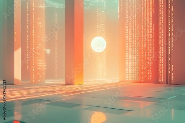 Fototapeta Minimal corporate setting with floating binary code, digital shadows on a seamless floor, and softly glowing financial icons orbiting slowly 