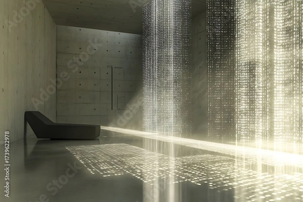 Fototapeta Minimal corporate setting with floating binary code, digital shadows on a seamless floor, and softly glowing financial icons orbiting slowly 