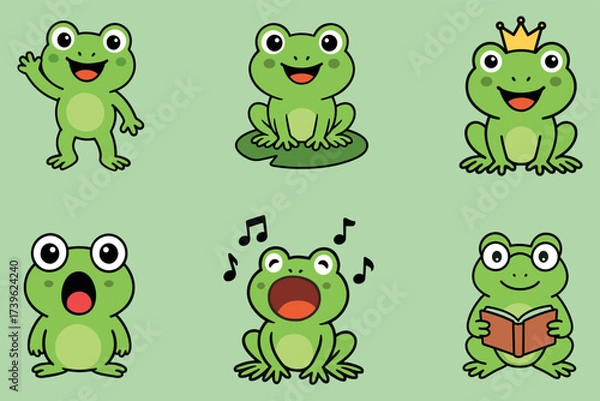 Obraz Cute Cartoon Frog Vector Set – Funny Expressions and Activities.