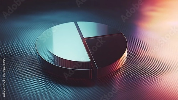 Fototapeta Pie chart made of segmented brushed metal and glass hovering above a tech-inspired grid, casting sharp shadows and reflections 