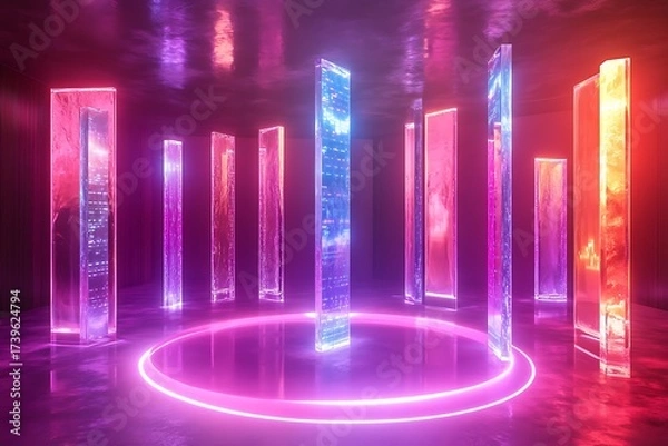 Fototapeta Quantum-styled data visualization room with floating prisms representing key business metrics, surrounded by rotating light halos and code particles 