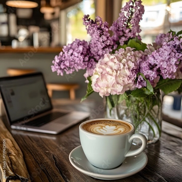 Obraz Latte Art Coffee Shop Flowers Laptop Workspace