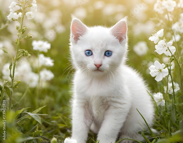 Fototapeta cat in the garden, A cute white kitten with blue eyes sits in a field of white flowers with soft lighting. white cat on green grass