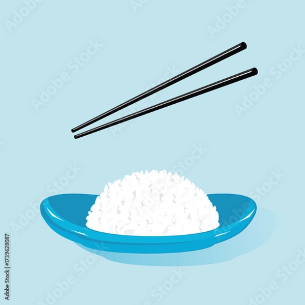 Fototapeta Steaming white rice on a bright blue plate with floating black chopsticks, minimalist food illustration on soft light blue background for menu, recipe card, packaging, and asian cuisine branding.