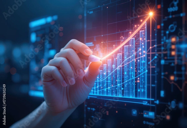 Fototapeta Hand drawing glowing growth chart on futuristic screen with financial data overlay.