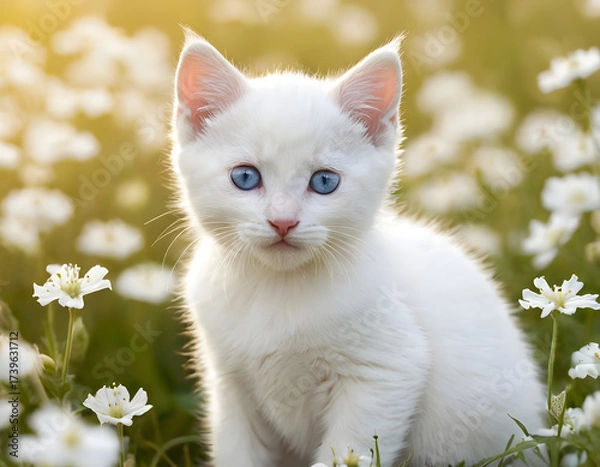 Fototapeta cat in the garden, A cute white kitten with blue eyes sits in a field of white flowers with soft lighting. white cat on green grass