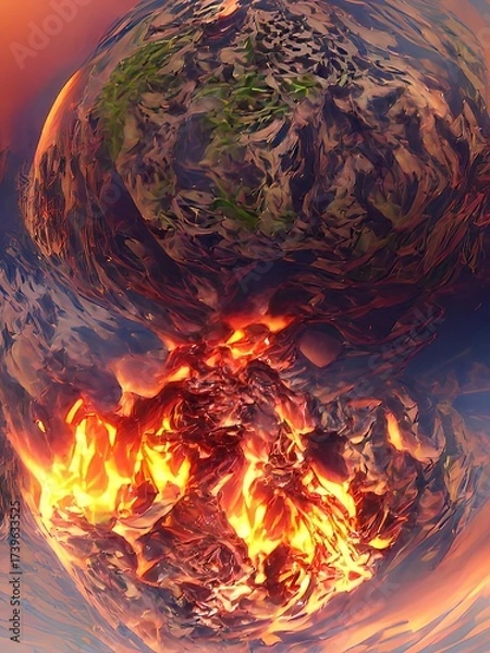 Fototapeta Fire and earth collide in a dramatic display of nature’s contrast and power in a surreal landscape