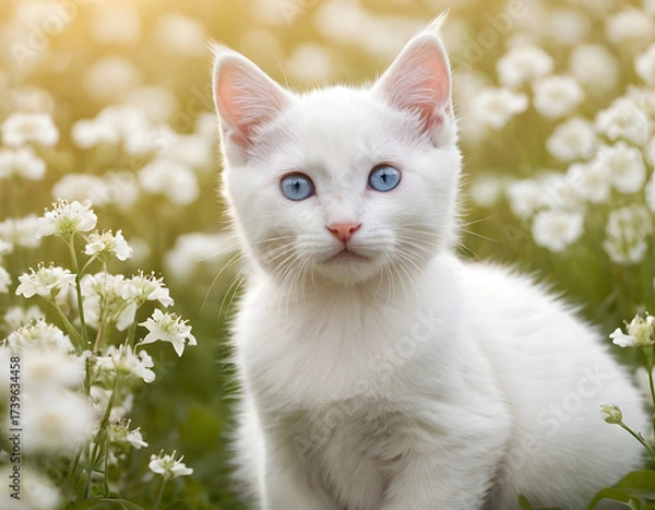 Fototapeta cat in the garden, A cute white kitten with blue eyes sits in a field of white flowers with soft lighting. white cat on green grass