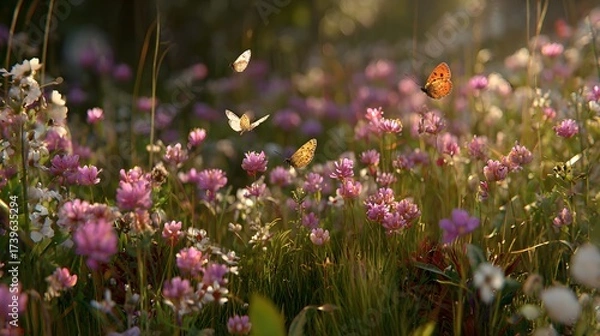 Fototapeta Butterflies flutter amidst a vibrant meadow of blooming pink and white wildflowers, bathed in warm sunlight, creating a scene of idyllic nature and peaceful serenity with lush green grass.