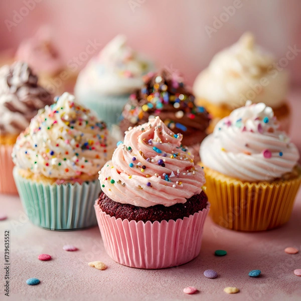 Fototapeta Variety of cupcakes with colorful frosting