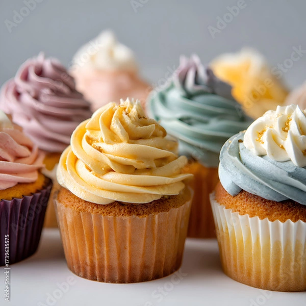 Fototapeta Muted pastel cupcakes with soft swirl icing