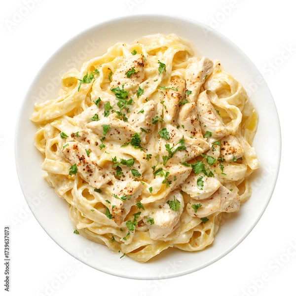Fototapeta Delicious Creamy Chicken Fettuccine Alfredo Pasta on White Background