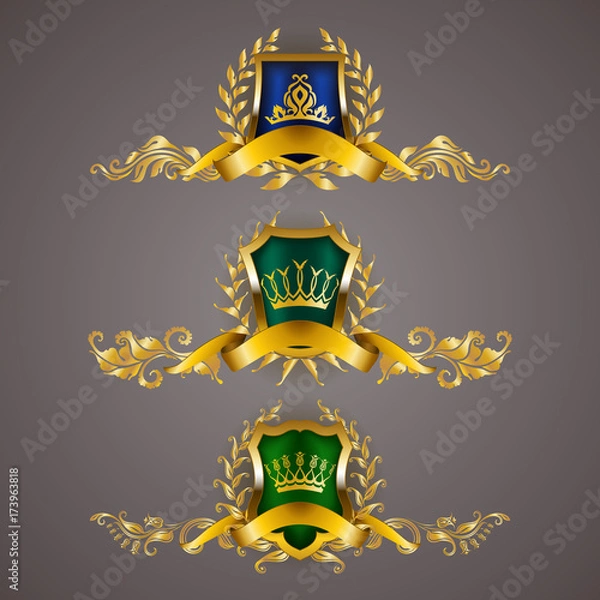 Fototapeta Set of golden royal shields with floral elements, ribbons, laurel wreaths for page, web design. Old frame, border, crown in vintage style for label, emblem, badge, logo. Vector illustration EPS10
