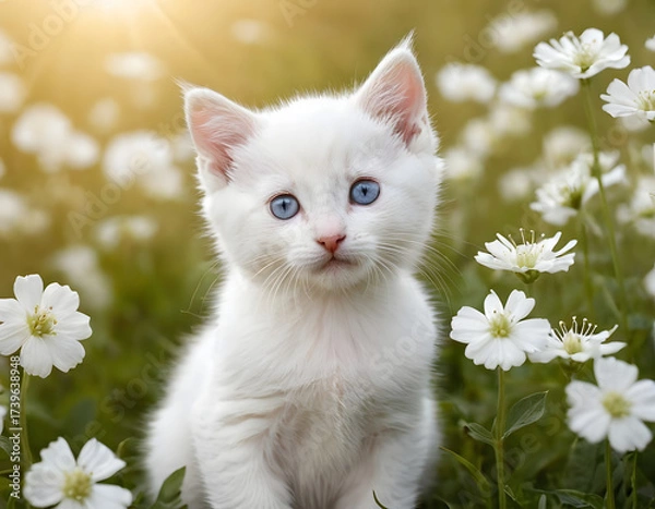Fototapeta cat in the garden, A cute white kitten with blue eyes sits in a field of white flowers with soft lighting. white cat on green grass