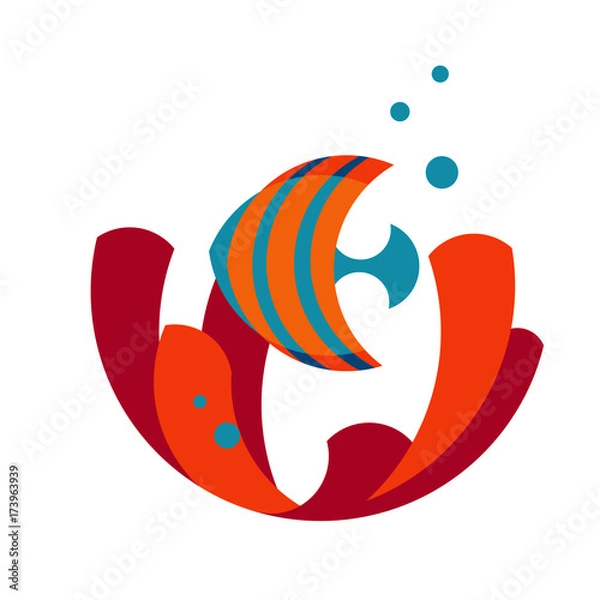 Fototapeta Vector logo with an image of a fish on a coral background