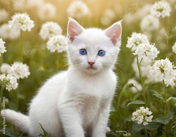 Fototapeta cat in the garden, A cute white kitten with blue eyes sits in a field of white flowers with soft lighting. white cat on green grass